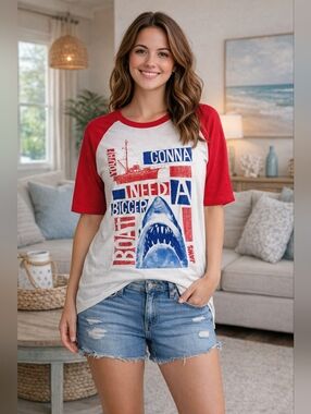 Jaws Raglan Tee S Red White Blue Shark “Bigger Boat” NWT